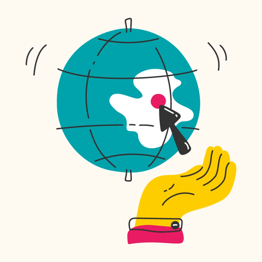 Illustration of a yellow hand holding up a globe with a map, and a cursor pointing to the globe.