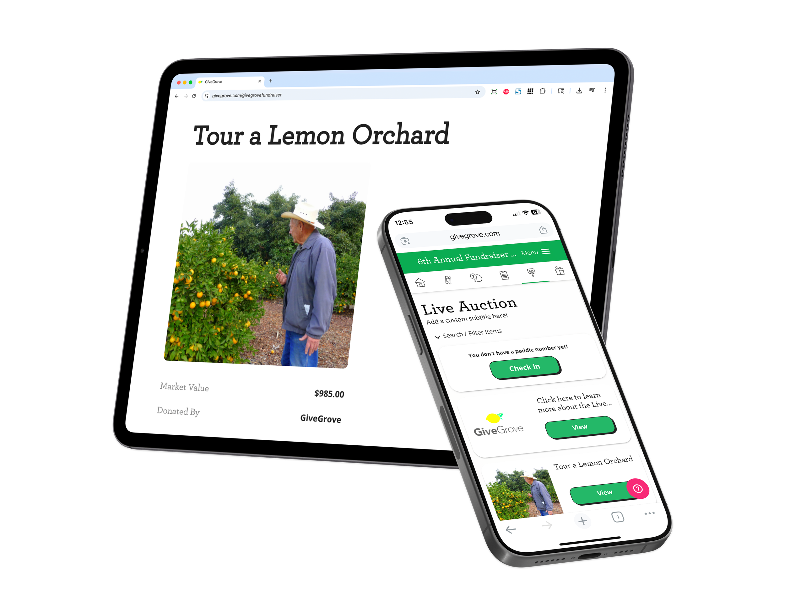 A computer screen and a smartphone display a webpage about touring a lemon orchard, showing an image of a man examining orange trees, with details about a donation and auction.