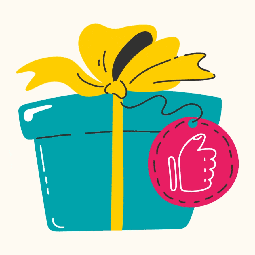 A colorful illustration of a wrapped gift box with a yellow bow and a pink tag showing a thumbs-up symbol.