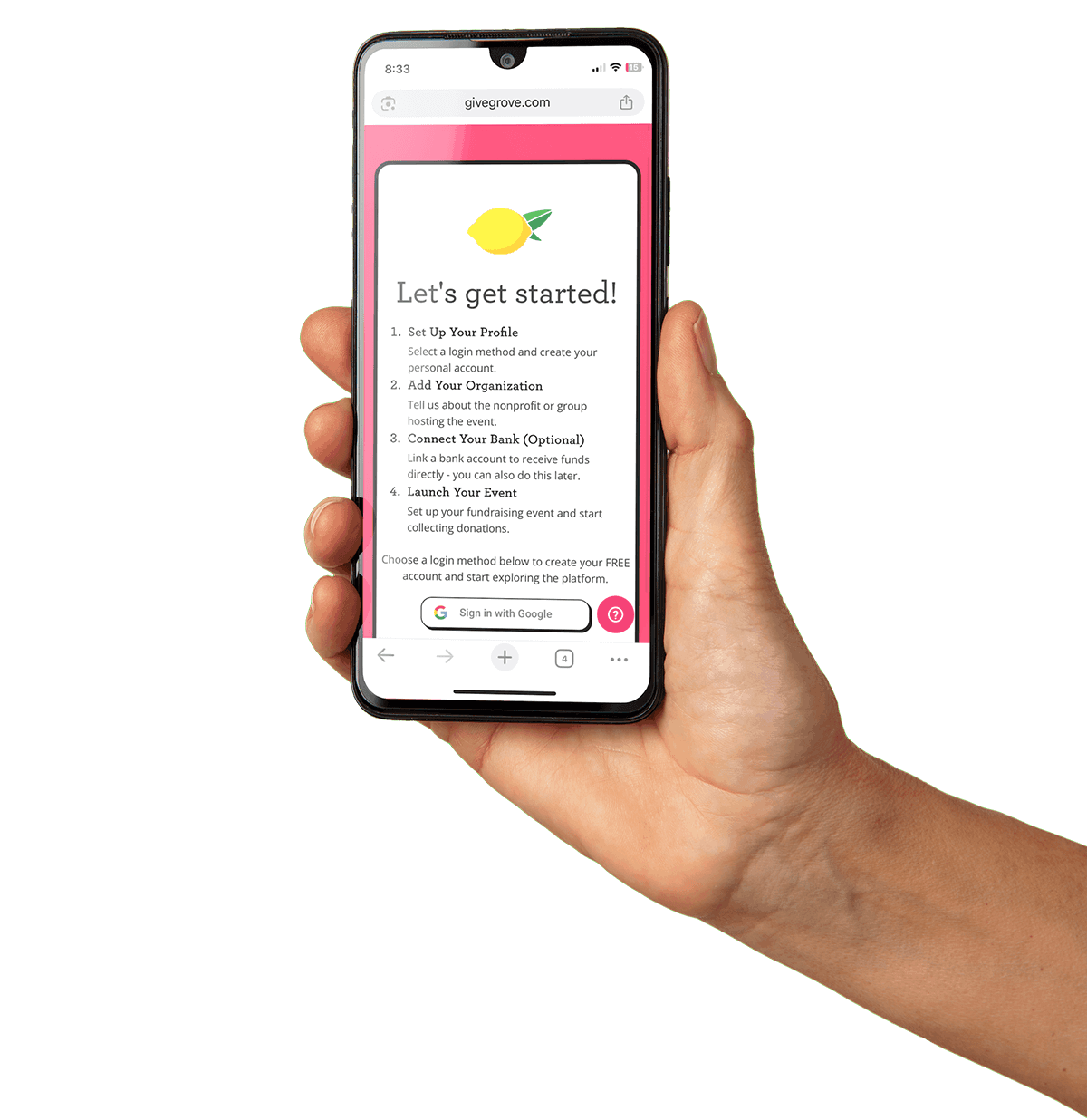 Hand holding smartphone displaying a website with a lemon logo and onboarding instructions for GiveGrove fundraising platform.