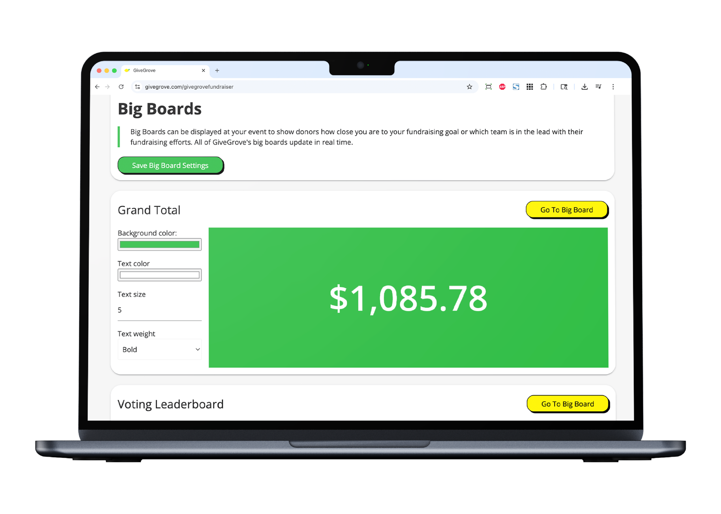 Laptop screen displaying a fundraising dashboard with a green total amount of $1,085.78, buttons labeled "Save Big Board Settings" and "Go To Big Board" in bright yellow, and customization options for background and text color.