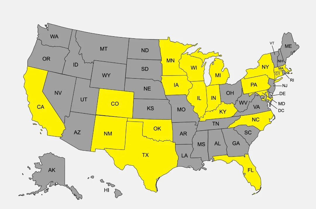 A map of the United States displaying the states where GiveGrove has already helped communities in yellow and the rest in grey.