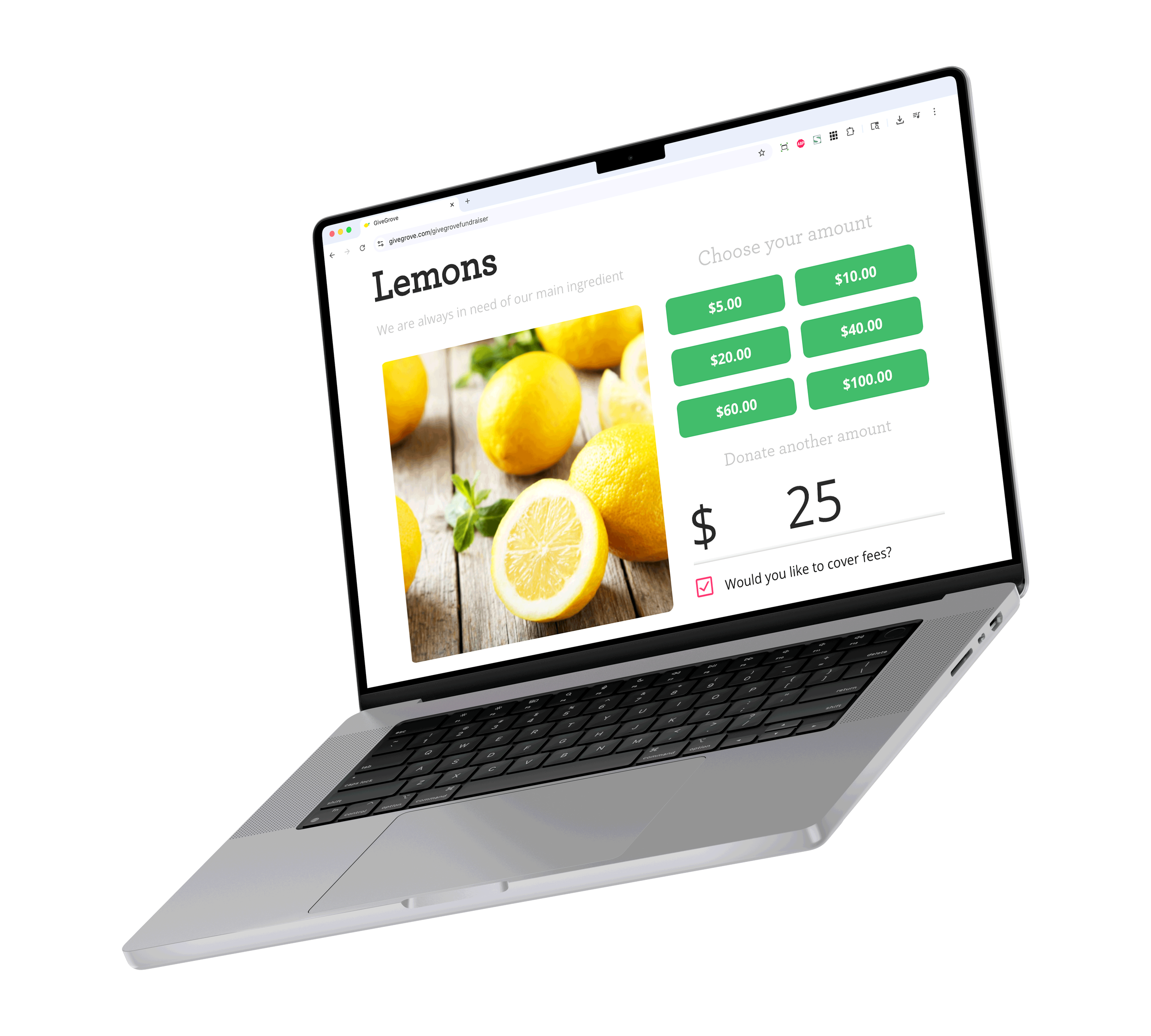 Open laptop displaying a website selling lemons with options to donate money and cover fees, featuring a photo of fresh lemons on a wooden surface.