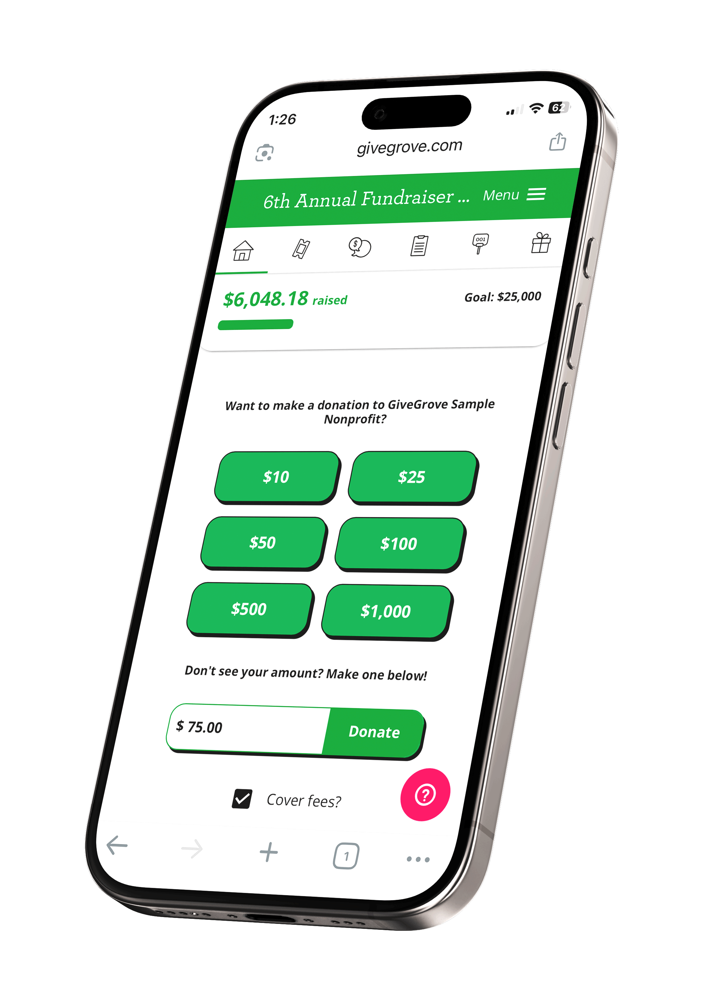 Smartphone displaying a fundraising website with a progress bar showing $6,048.18 raised of a $25,000 goal, offering donation buttons for various amounts, and a custom donation input.