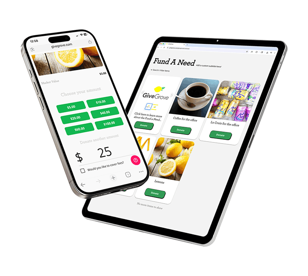 Smartphone and tablet displaying donation website for Give Grove, with options to donate for coffee, lemons, and office supplies.