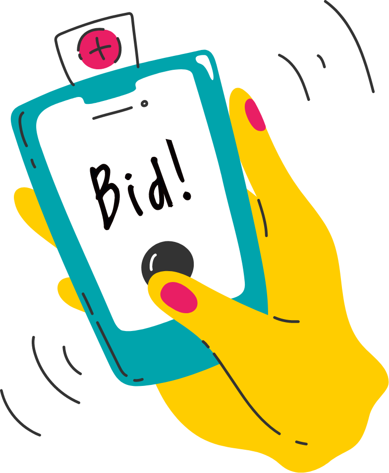 Hand with yellow skin holding a smartphone, with the screen displaying the warning "Bid!" in black text and an exclamation mark.