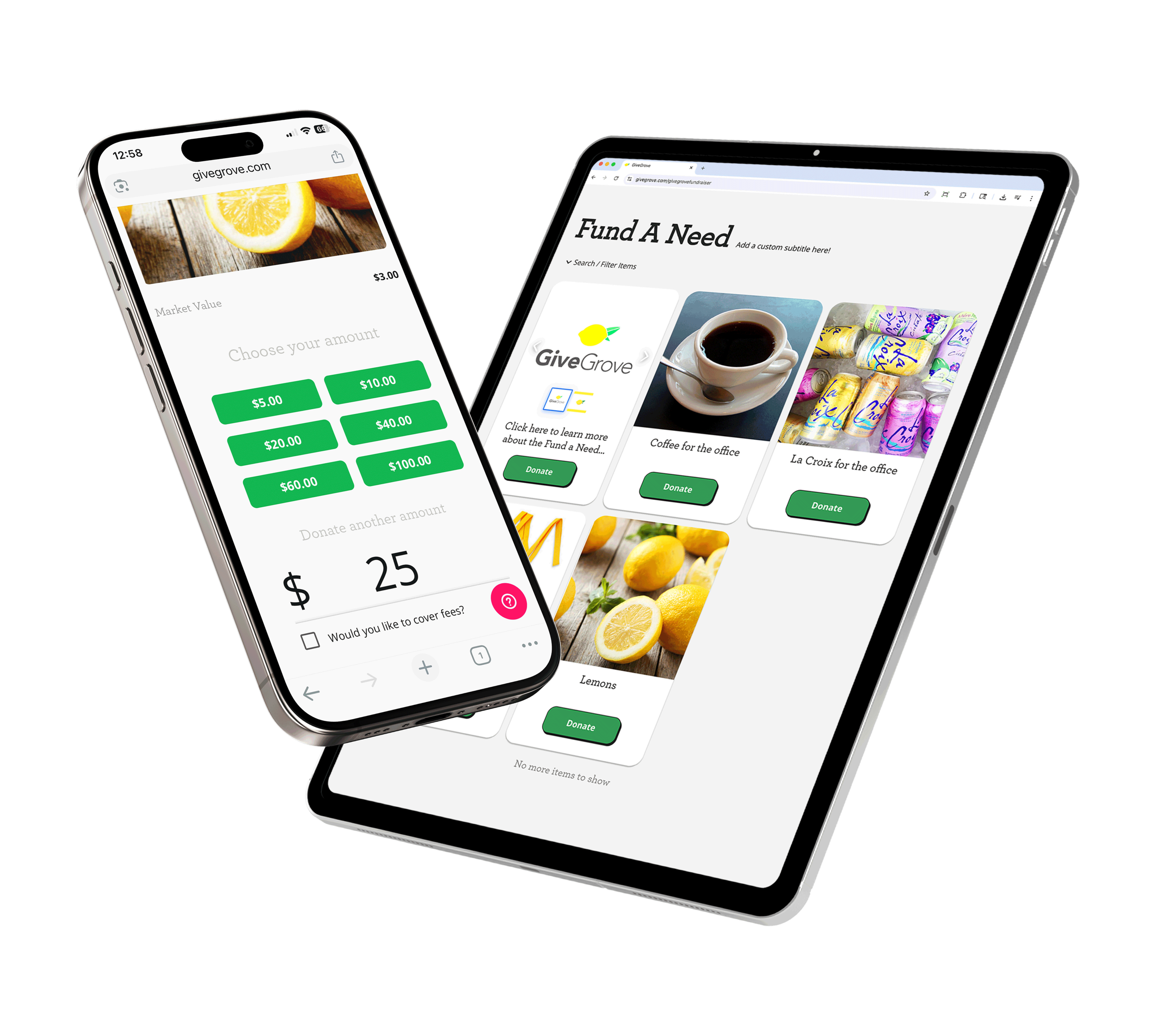 Smartphone and tablet displaying donation website for Give Grove, with options to donate for coffee, lemons, and office supplies.