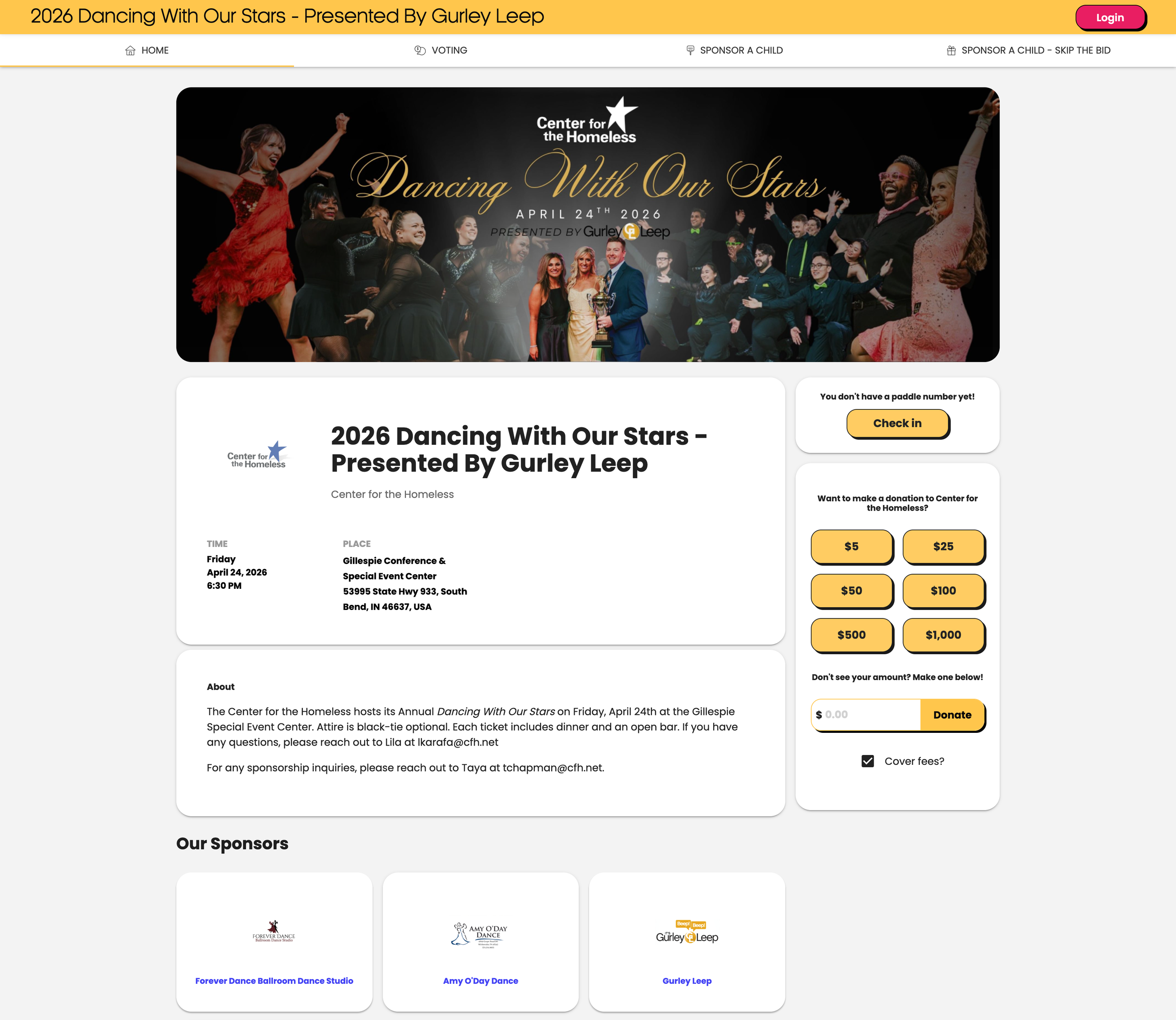 Dancing with Our Stars 2026 event page on GiveGrove for the Center for the Homeless
