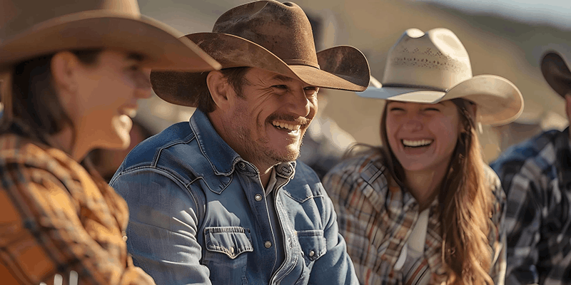 A group of people wearing cowboy hats and plaid shirts, smiling and laughing outdoors.