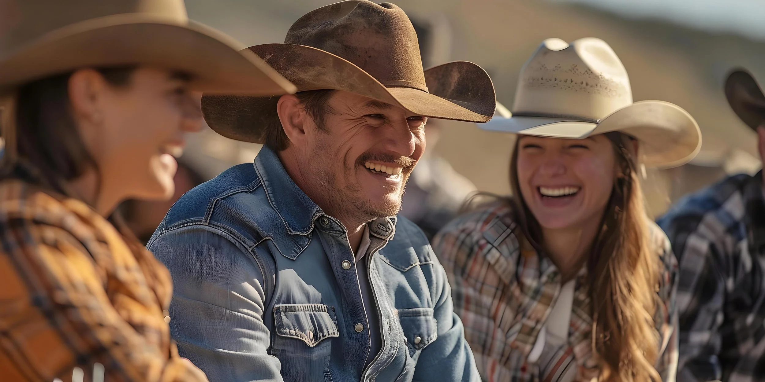 A group of people wearing cowboy hats and plaid shirts, smiling and laughing outdoors.