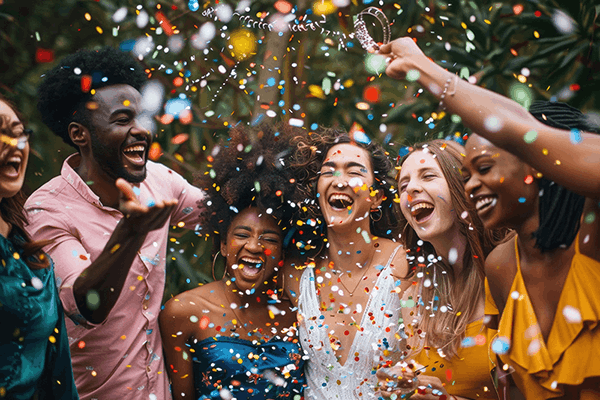 A diverse group of six people celebrating outdoors among greenery with colorful confetti falling around them, smiling and laughing joyfully.