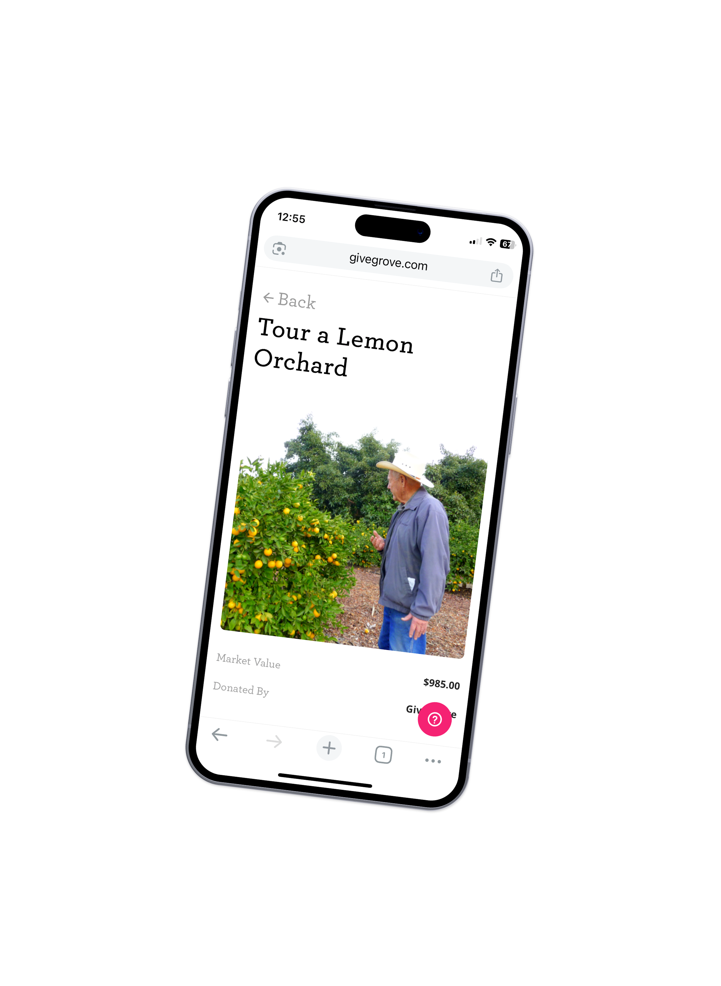 Smartphone displaying a webpage titled "Tour a Lemon Orchard," with a photo of an elderly man in a hat standing beside lemon trees in an orchard.