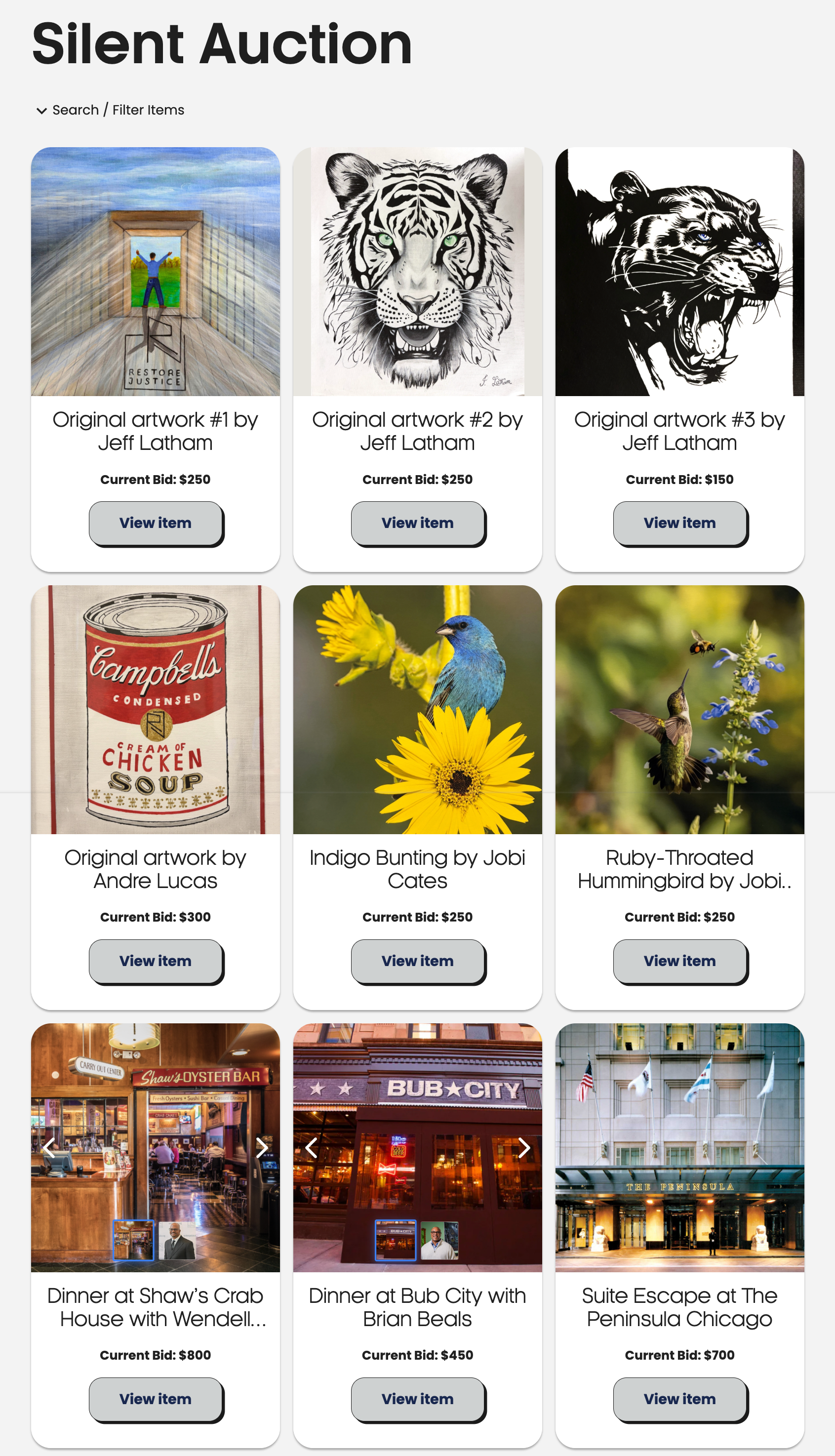 The first nine of 22 items in Restore Justice's silent auction on GiveGrove, including original artwork, bird photography and Chicago dinner experiences