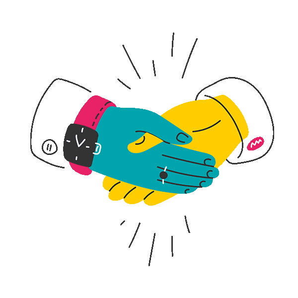 Illustration of two hands shaking with colorful watches on their wrists.