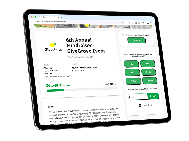 Screenshot of a fundraising event webpage for GiveGrove, detailing the 6th Annual Fundraiser event, including date, location, amount raised, donation options, and a progress bar.