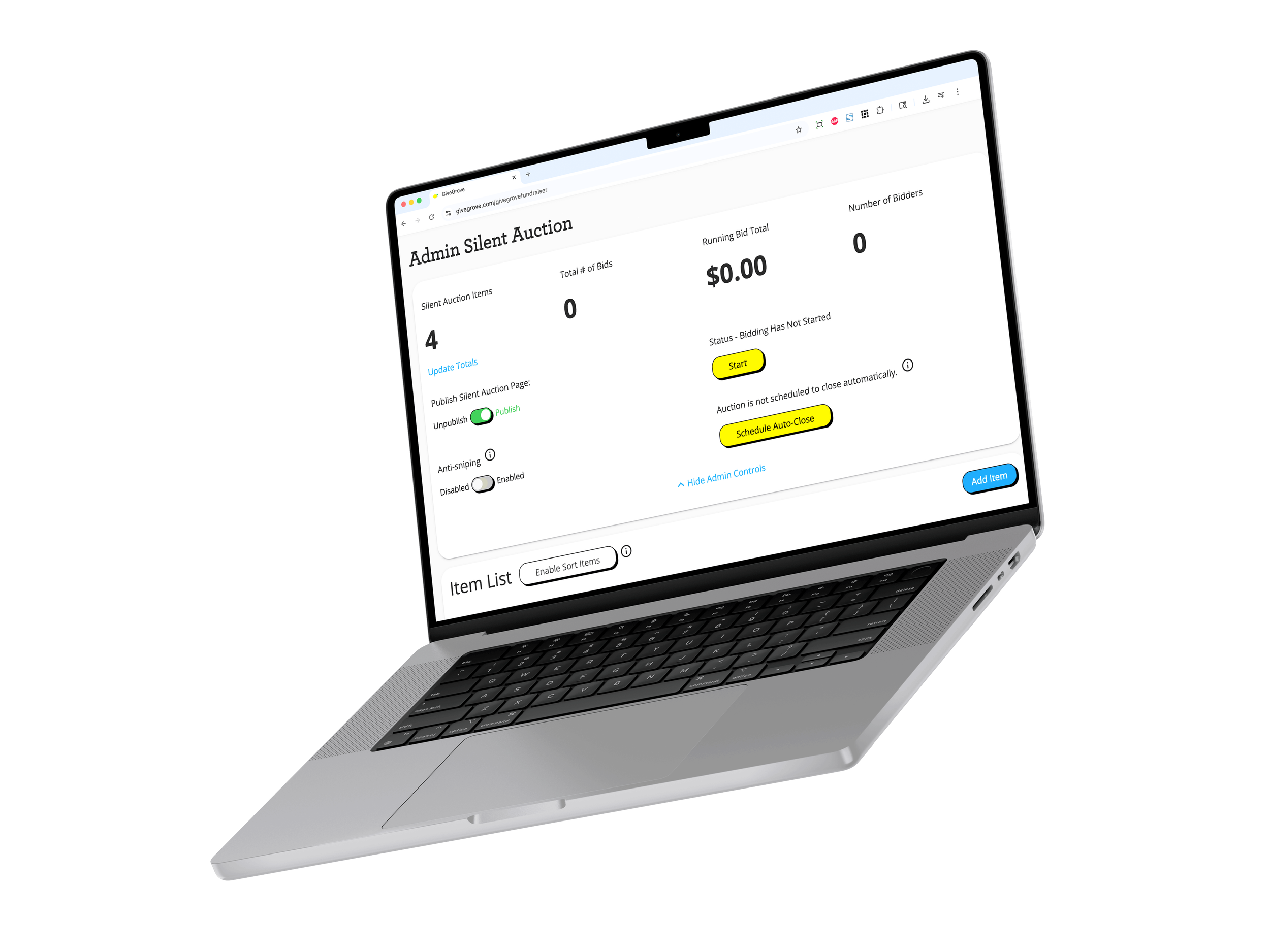 A laptop displaying an admin auction dashboard and its fundraiser progress.