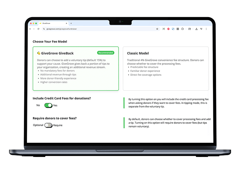 Screenshot of a webpage displaying options for choosing a fee model for donations, including GiveGrove GiveBack and Classic Model, with toggle switches for including credit card fees and requiring donors to cover fees.