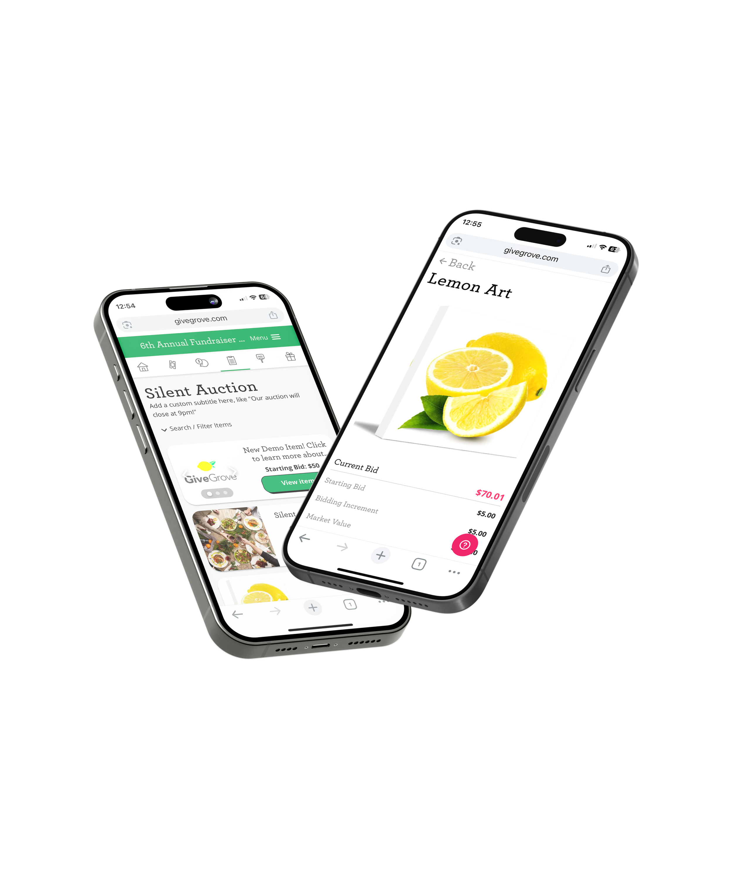 Two smartphones displaying online auction and art website pages, with one showing a lemon illustration and the other showing an auction page titled 'Silent Auction'.