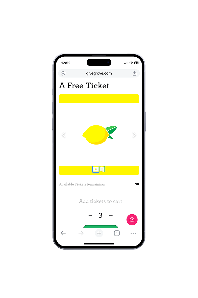 Mobile phone displaying a webpage offering free tickets, with an image of a lemon and a yellow banner.