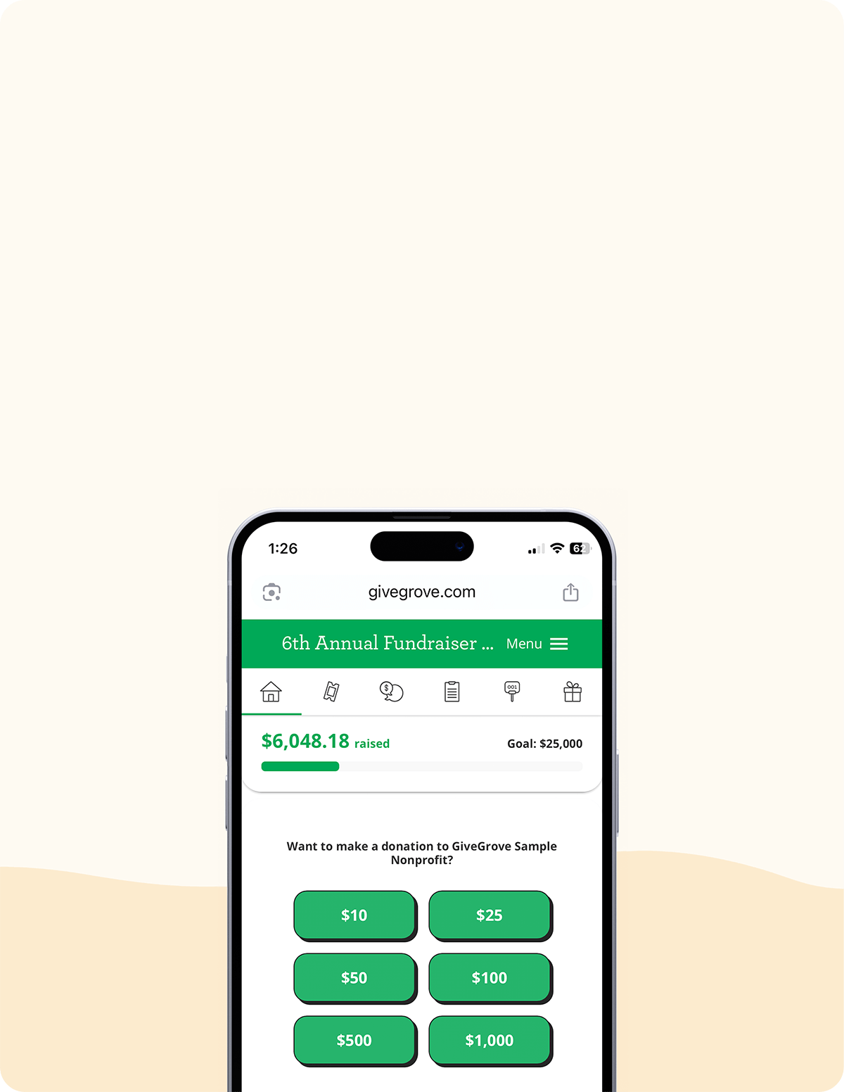 Mobile phone displaying a GiveGrove fundraising webpage with a green progress bar showing $6,048.18 raised toward a $25,000 goal, and donation options ranging from $10 to $1,000.