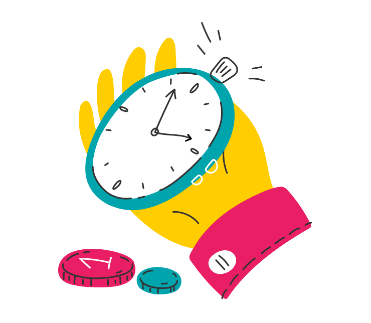 A cartoon illustration of a hand wearing a pink sleeve, holding a blue alarm clock showing 7:00, with two coins beside it.