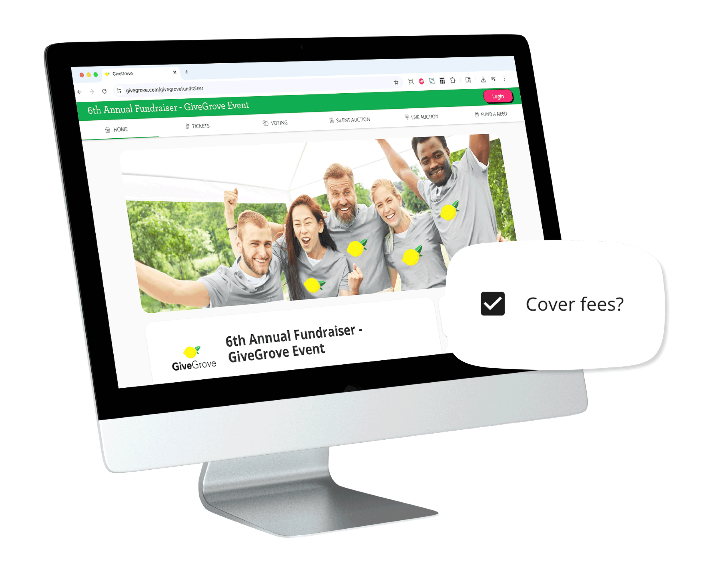 Computer screen displaying a GiveGrove fundraising event webpage with a group of five diverse smiling people outdoors, with yellow lemon icons on their shirts, and a question box asking about cover fees.