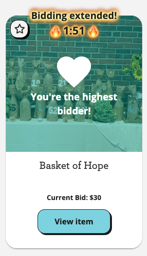 Fundraising event online auction screen to bid on a Basket of Hope—the current bid is $30.