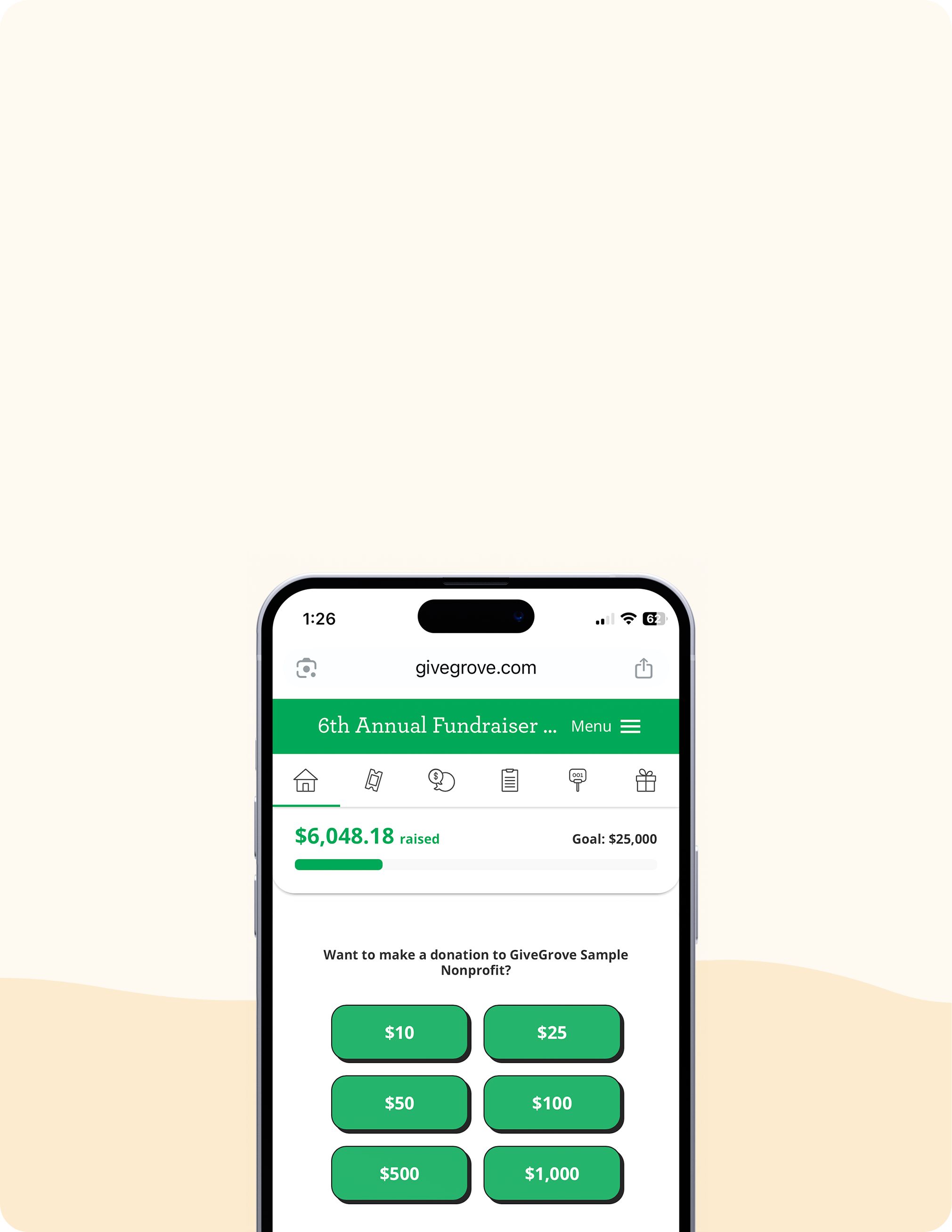 Mobile phone displaying a GiveGrove fundraising webpage with a green progress bar showing $6,048.18 raised toward a $25,000 goal, and donation options ranging from $10 to $1,000.