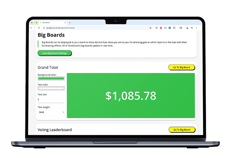Laptop screen displaying a fundraising dashboard with a green total amount of $1,085.78, buttons labeled "Save Big Board Settings" and "Go To Big Board" in bright yellow, and customization options for background and text color.