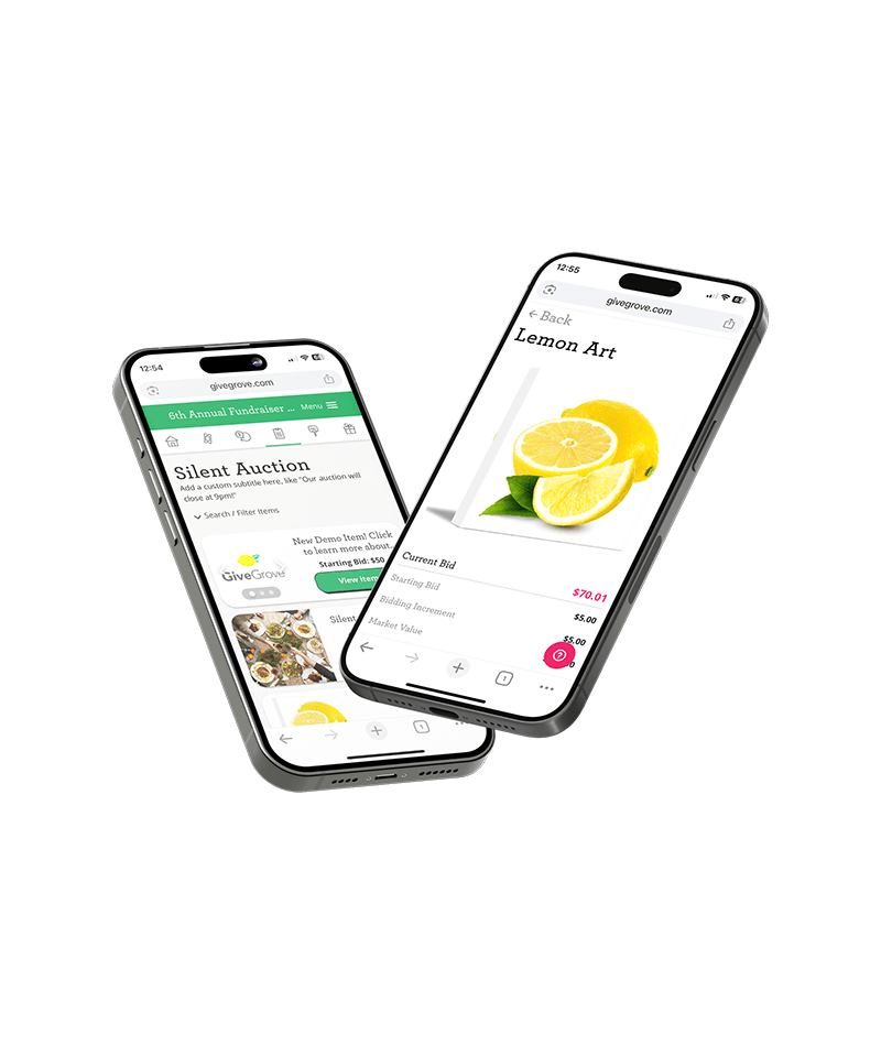 Two smartphones displaying online auction and art website pages, with one showing a lemon illustration and the other showing an auction page titled 'Silent Auction'.