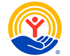 The United We Stand logo featuring a hand holding a person icon with arms raised, surrounded by concentric circles, representing support or care.