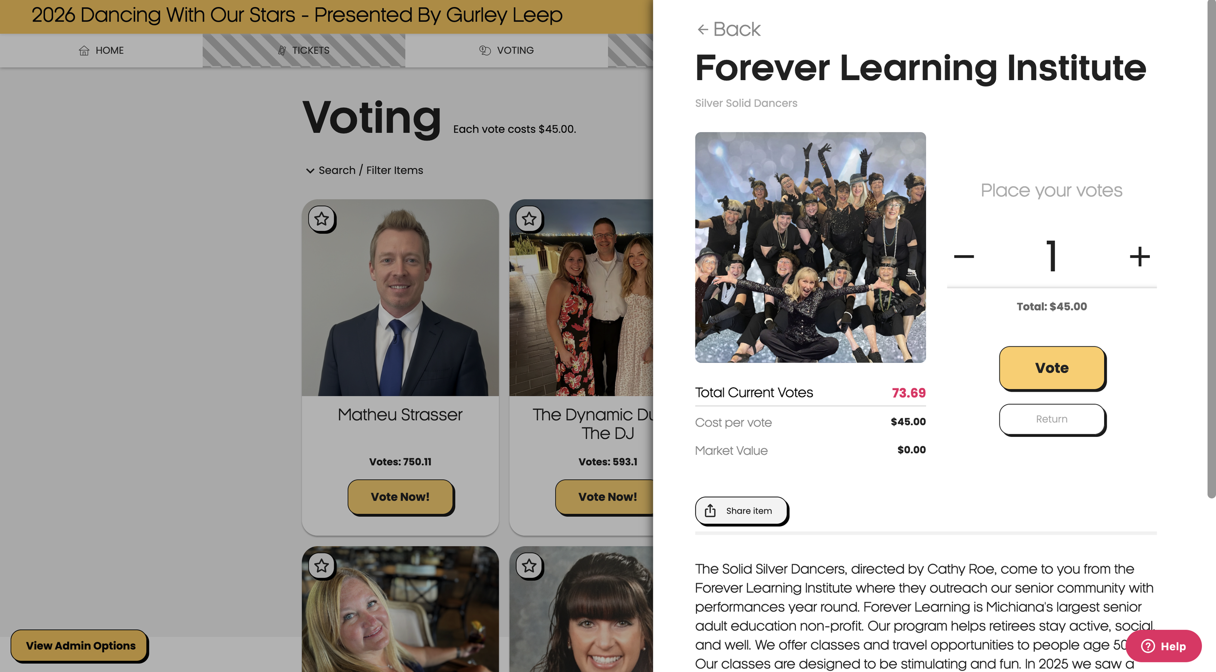 Placing $45 votes for a dance team on its GiveGrove voting page