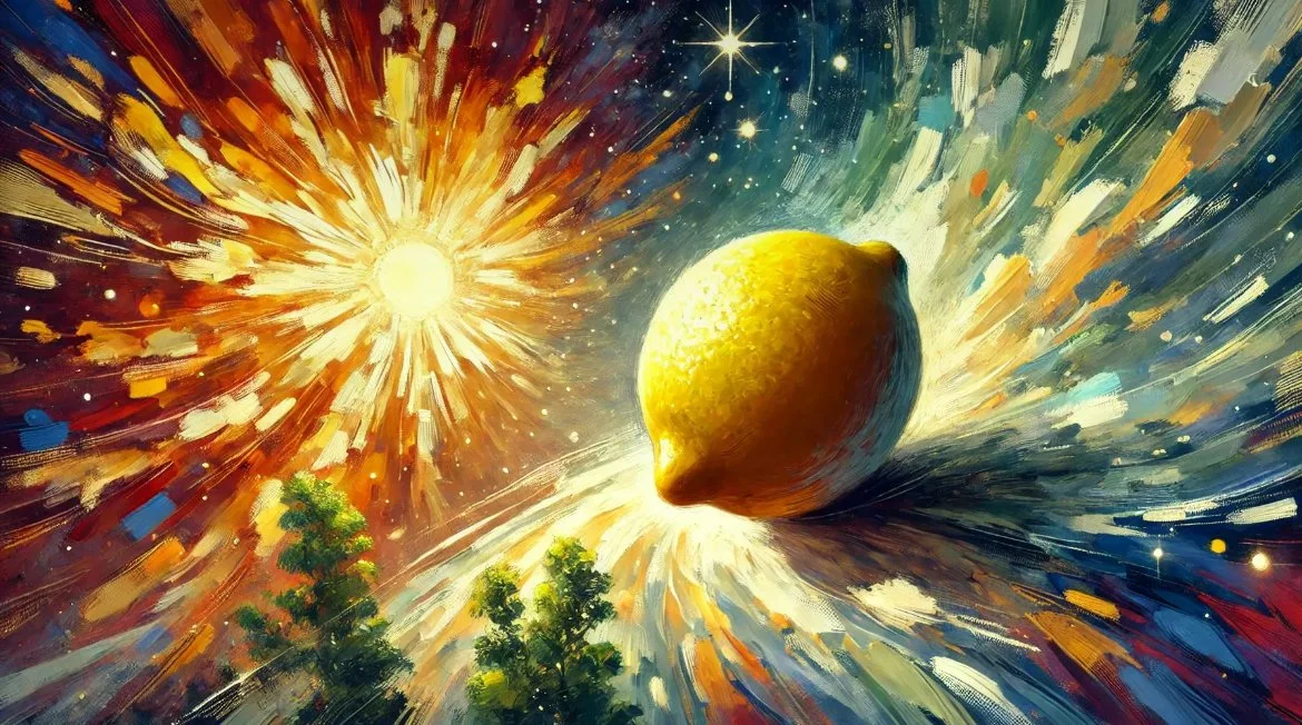 An abstract painting with many short brush strokes of a lemon in a sky with a sun shining.