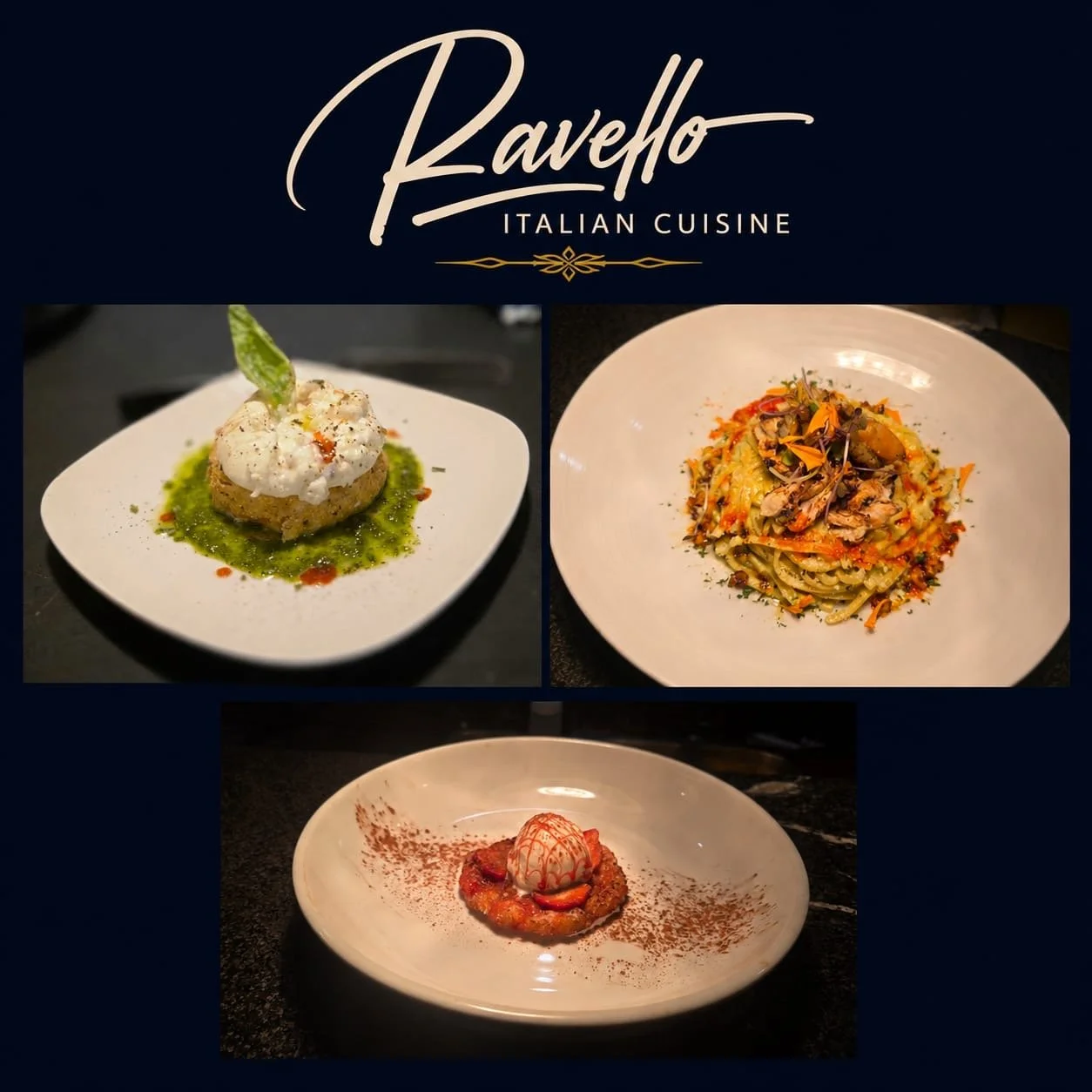 Fried heirloom tomato and burrata appetizer, Linguine Poblano Della Nonna with chicken and shrimp, and Churros e gelato dessert with Big Red glaze at Ravello Italian Cuisine at Ravello Italian Cuisine San Antonio