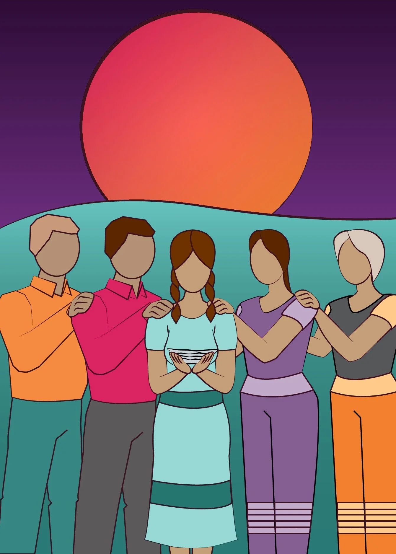 Illustration for the Wholistic card: five people standing together with their arms around one another, in front of a rising sun over water