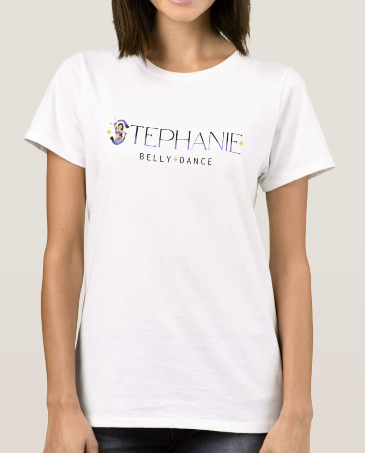 The "Best of Both Worlds" T-Shirt showcases the banner logo that opens up Stephanie's videos. The back features the linear website logo at approximately the same height as the logo on the front.