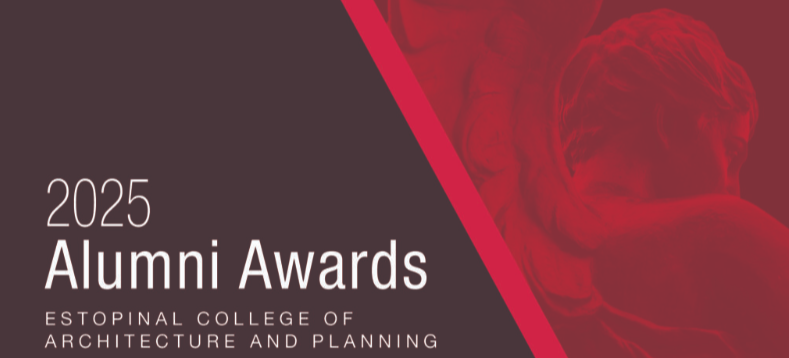 2025 Estopinal College of Architecture and Planning Alumni Awards poster with a red abstract background and diagonal design.