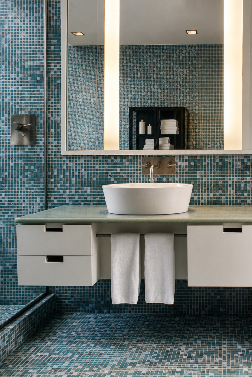 Modern bathroom with blue mosaic tiled walls and floor, white floating vanity with a vessel sink, large backlit mirror, and neatly folded towels on a black shelf.