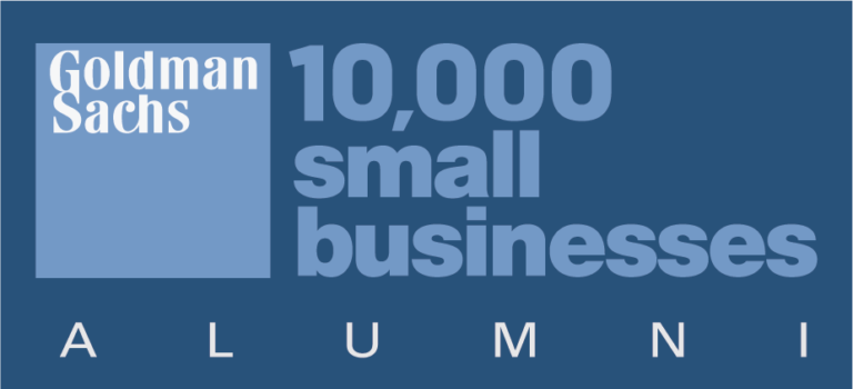 Goldman Sachs logo with the text "10,000 small businesses alumni" on a blue background.