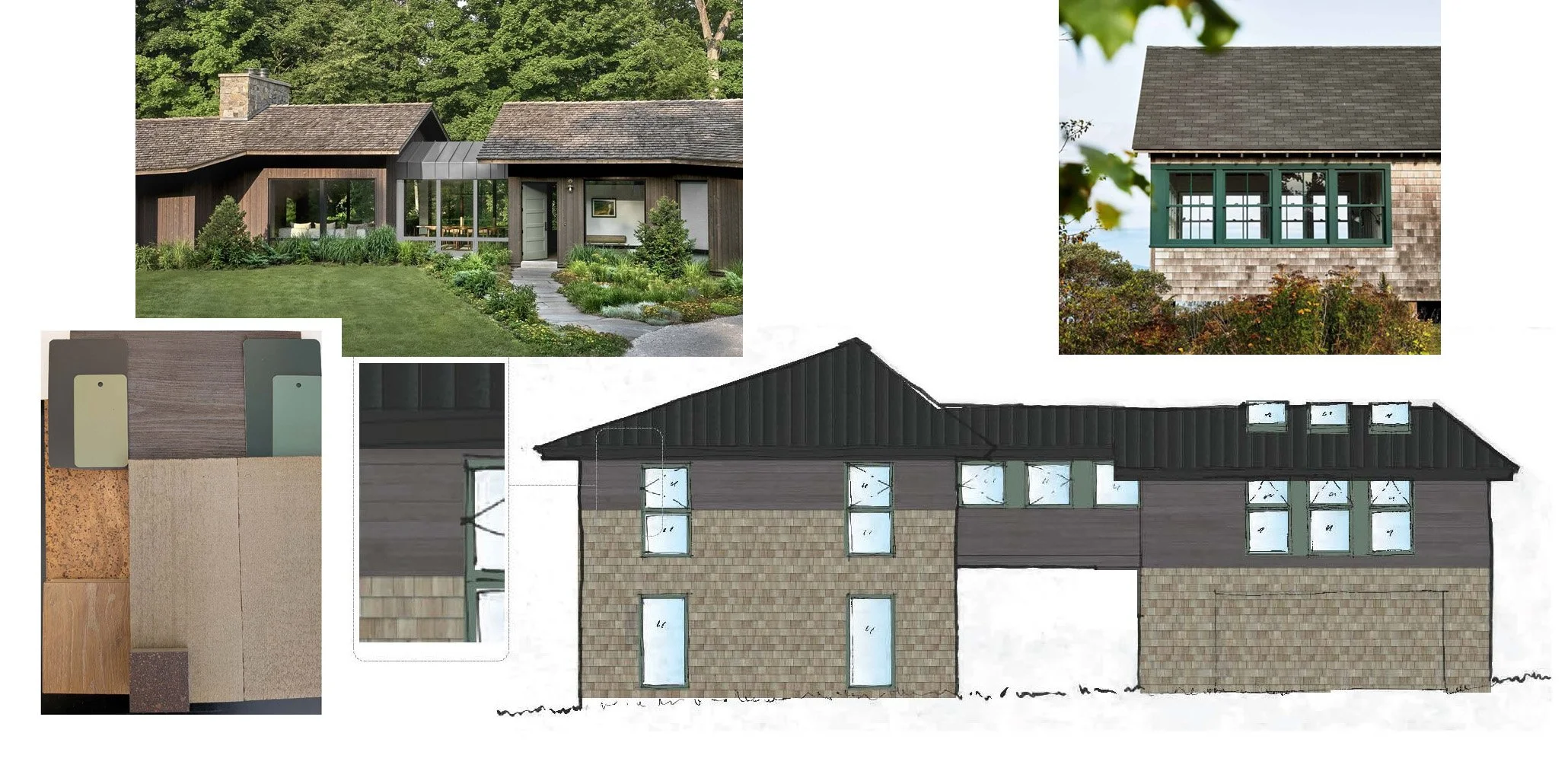 Design plans for a house with exterior elevation sketches, material swatches, and photographs of the completed house. The house features a modern design with a mix of wood and shingle siding, large windows, and a metal roof. The setting includes gree