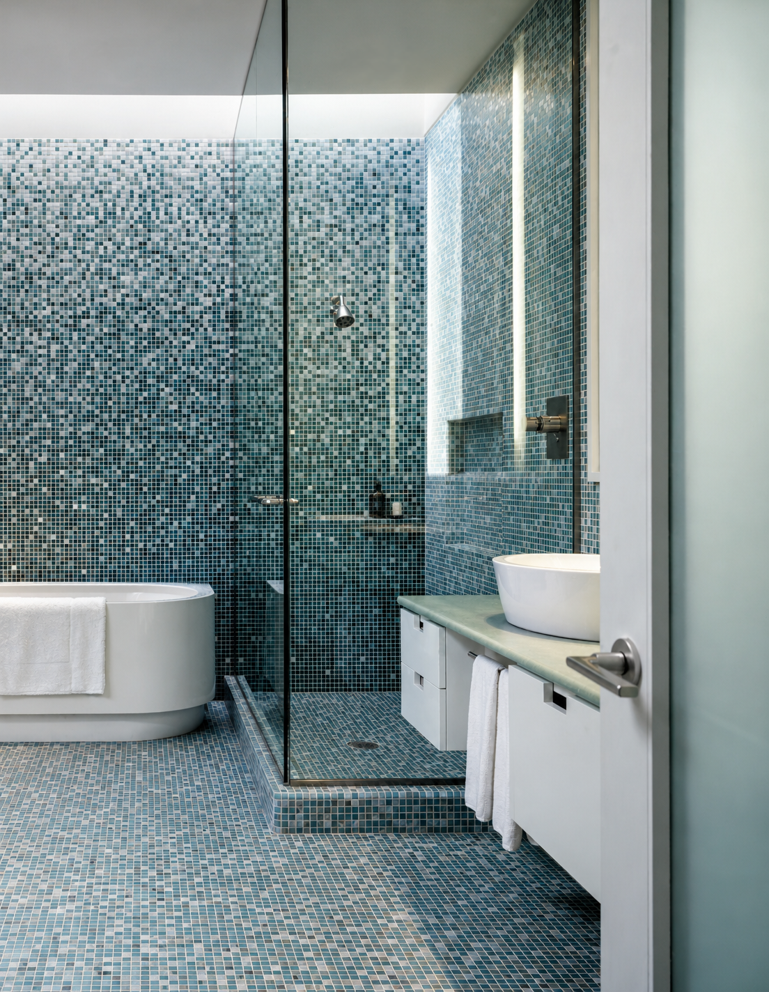Modern bathroom with blue mosaic tiles, a walk-in shower with a glass door, a white bathtub, and a vanity with a vessel sink.
