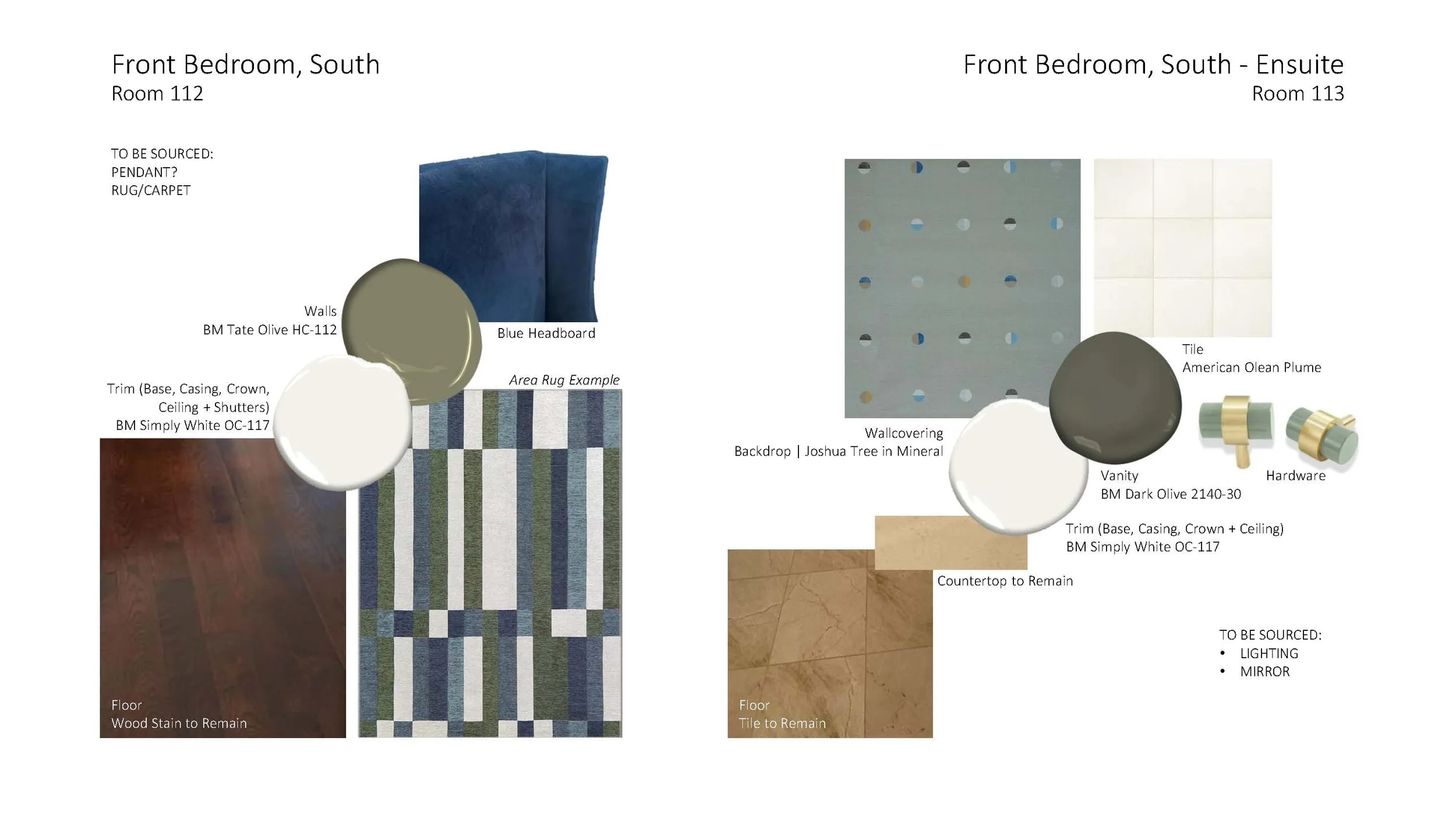 Interior design mood board with paint colors, furniture, and flooring samples for a bedroom renovation. Includes paint swatches, rug patterns, flooring options, and hardware details.