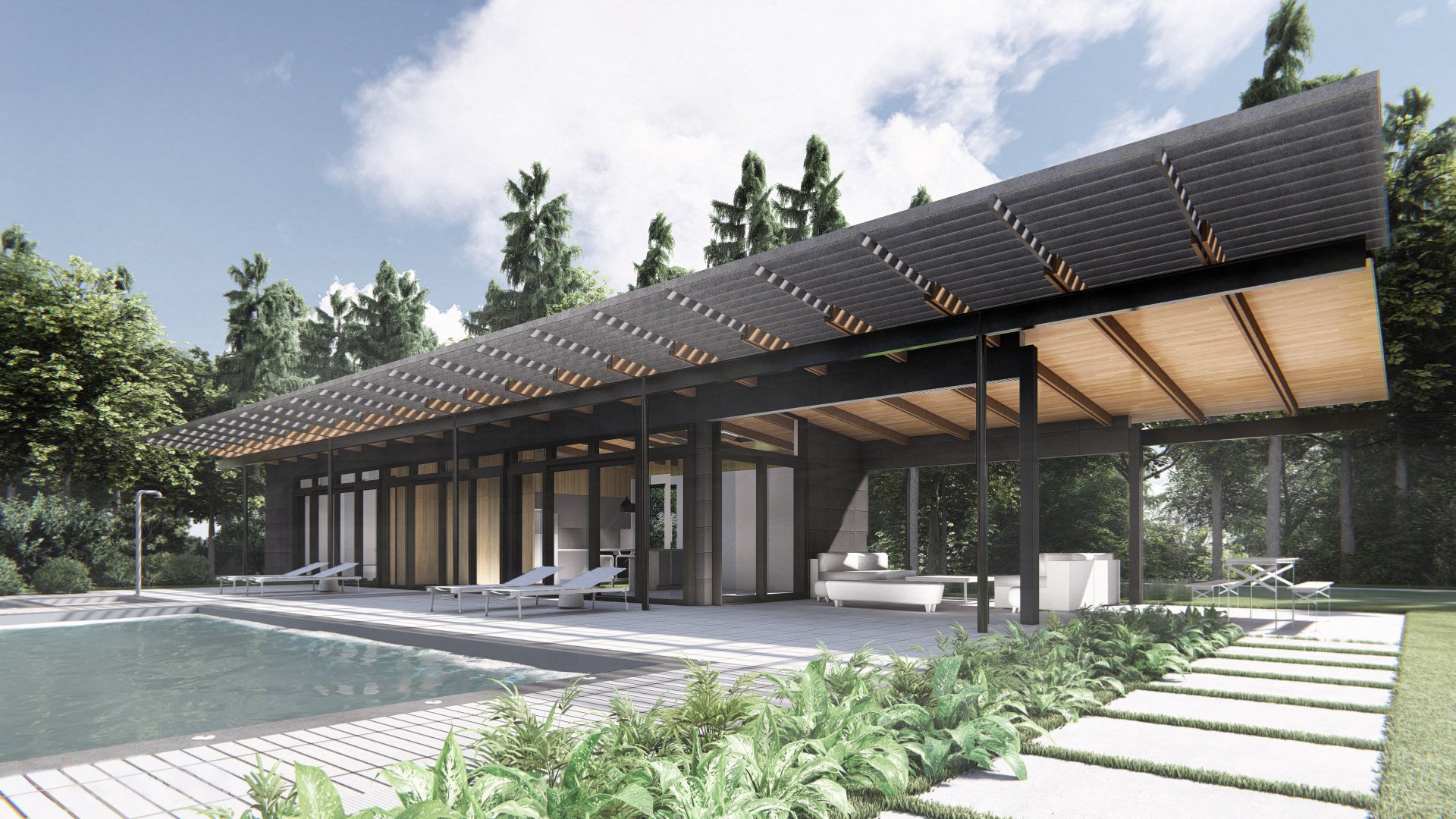 Modern house with large outdoor patio, swimming pool, lounge chairs, outdoor sofa, and a slatted roof over the patio, surrounded by greenery and tall trees under a partly cloudy sky.