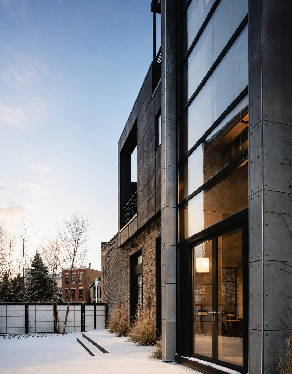 Modern multi-story building with large glass windows, brick and concrete exterior, in a snowy landscape during sunset.