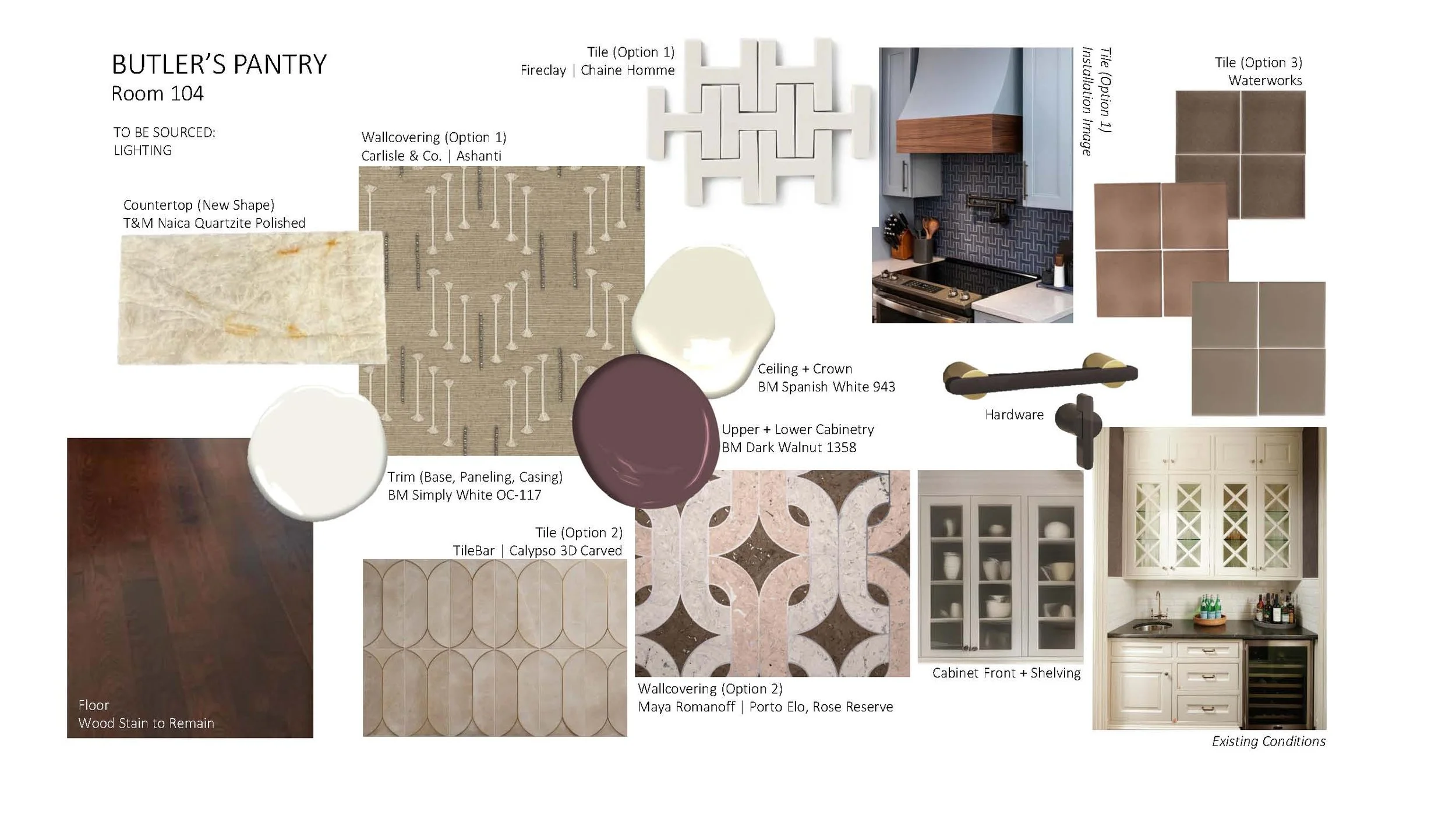 Design board for Butler's Pantry, Room 104, showing various materials and finishes including tile options, wallcoverings, cabinetry, countertop, flooring, and paint colors.