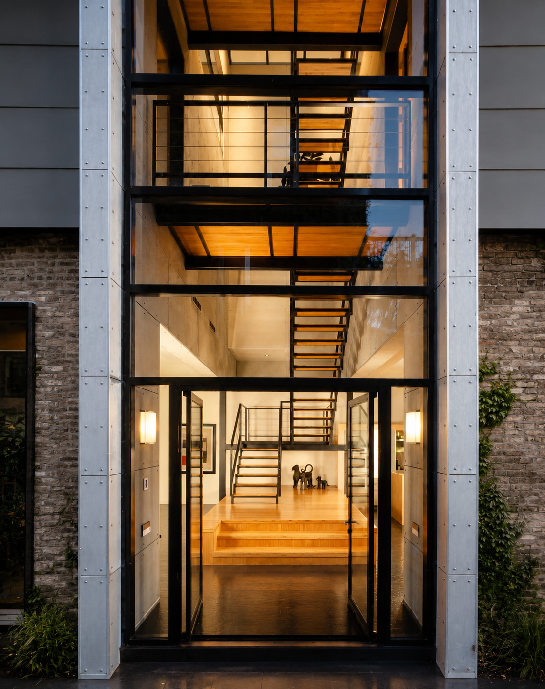 Interior view of a modern multi-story building with an open staircase, visible through large glass windows. The staircase has black metal railings and wooden steps, and the interior features wood floors and contemporary decor.