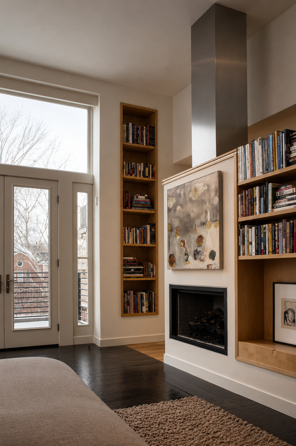 Living room with a fireplace, wooden bookshelves filled with books, glass door leading to a balcony, and a large window revealing winter trees outside.
