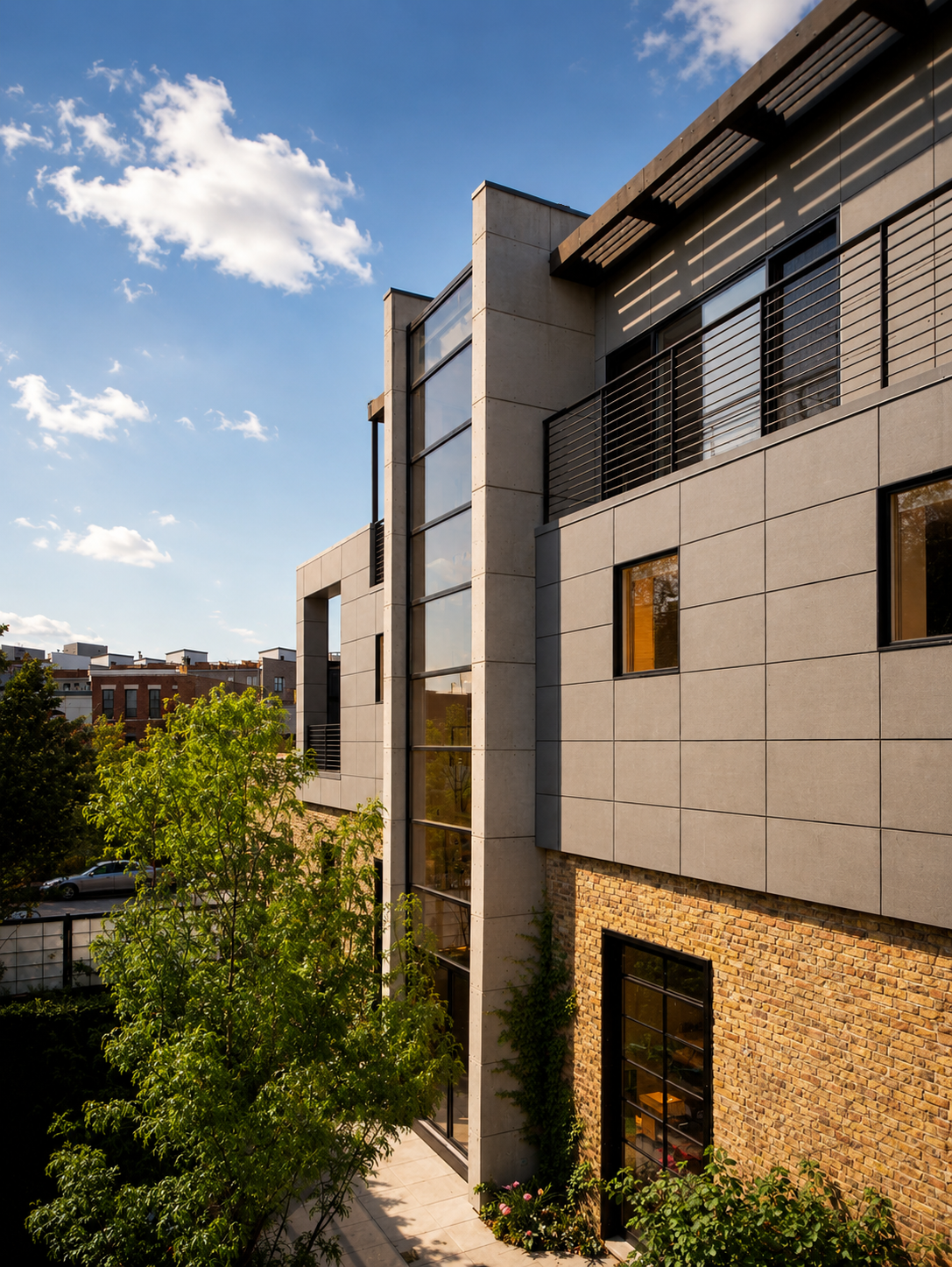 Modern residential apartment building with large windows, brick and concrete facade, balcony railings, and surrounding greenery under a partly cloudy sky.