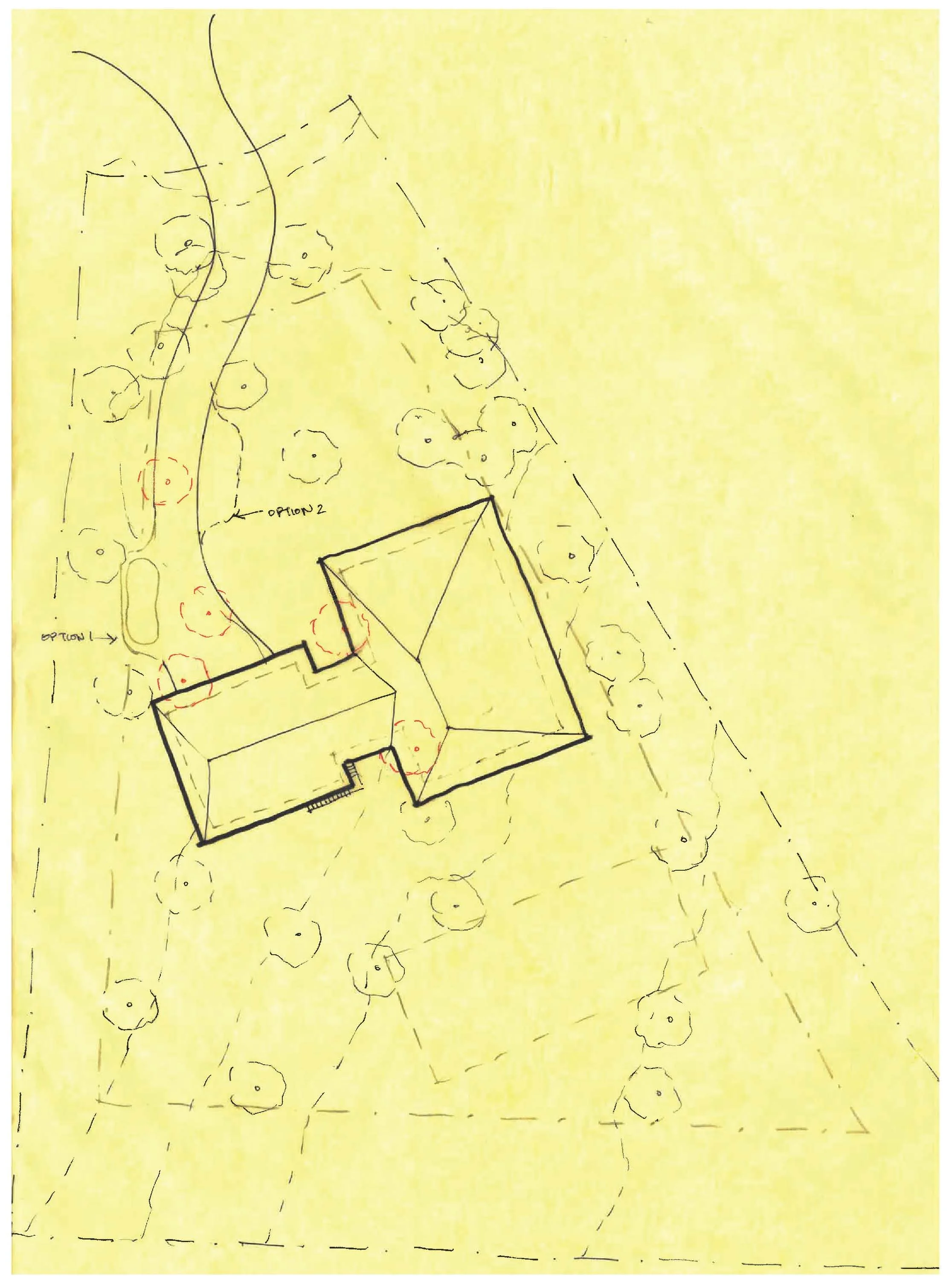 Architectural drawing on yellow paper showing building layout, trees, pathways, and options for design features.