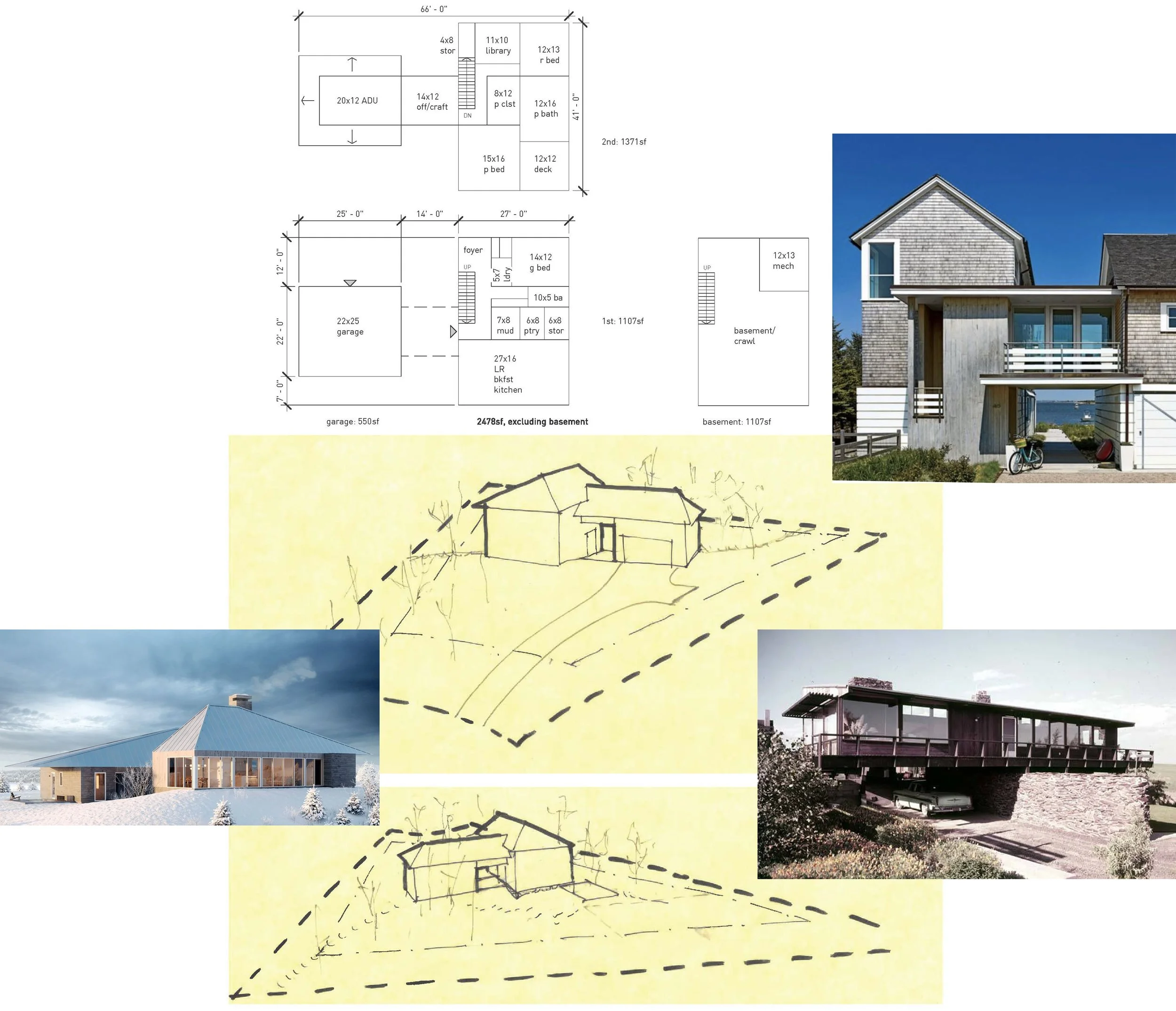 Collage featuring architectural plans, sketches, and photographs of modern houses with various designs and exteriors.